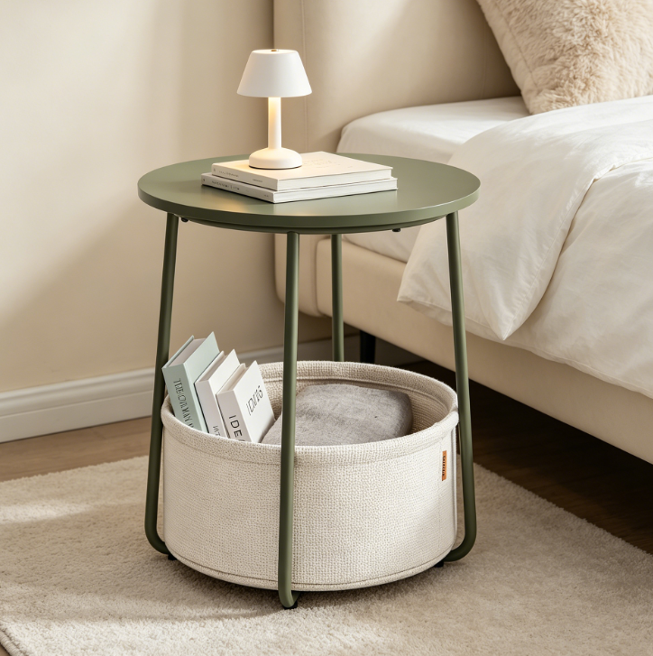Round Bedside Table with Fabric Basket, Forest Green and Cream White